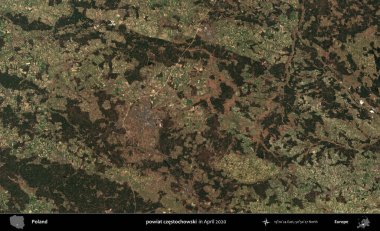 powiat czestochowski. Nisan 2020 'de Copernicus Sentinel karolarından oluşan bir uydu görüntüsü üzerine Polonya' nın idari bölgesi