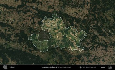 powiat czestochowski. Polonya 'nın idari alanı, Eylül 2020' de çekilen Kopernik Nöbetçi karolarından oluşan koyu renkli bir uydu görüntüsü üzerine vurgulandı ve özetlendi