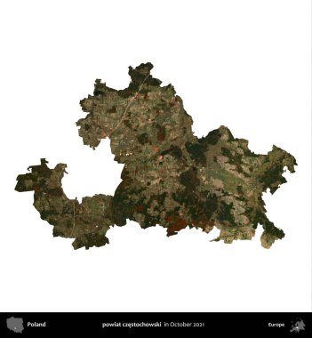powiat czestochowski. Polonya idari bölgesi, Ekim 2021 'de çekilen Kopernik Nöbetçi karolarından oluşan bir uydu görüntüsü üzerinde beyaza izole edildi.