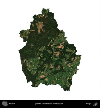 powiat czluchowski. Polonya 'nın idari bölgesi, Mayıs 2018' de çekilen Kopernik Nöbetçi Fayanslarından oluşan bir uydu görüntüsü üzerinde beyaza izole edildi.