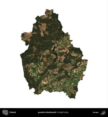 powiat czluchowski. Polonya idari bölgesi, Nisan 2019 'da çekilen Kopernik Nöbetçi karolarından oluşan bir uydu görüntüsü üzerinde beyaza izole edildi.