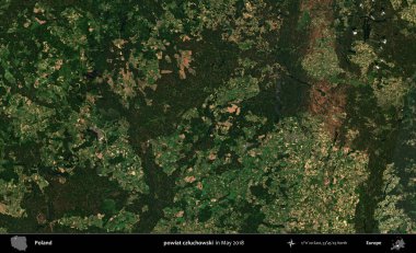 powiat czluchowski. Copernicus Sentinel 'in Mayıs 2018' de çekilmiş uydu görüntüsü üzerine Polonya 'nın idari bölgesi.