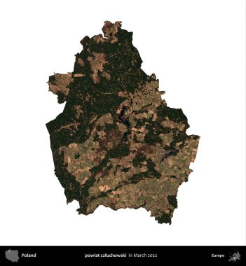 powiat czluchowski. Polonya idari bölgesi, Mart 2022 'de çekilen Kopernik Nöbetçi karolarından oluşan bir uydu görüntüsü üzerinde beyaza izole edildi.