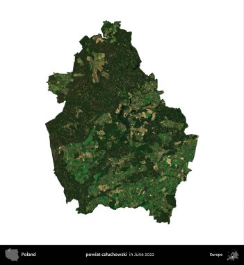 powiat czluchowski. Polonya idari bölgesi, Haziran 2022 'de çekilen Kopernik Nöbetçi karolarından oluşan bir uydu görüntüsü üzerinde beyaza izole edildi.