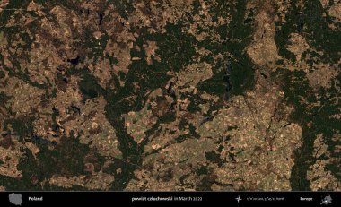 powiat czluchowski. Copernicus Sentinel 'in Mart 2022' de çekilmiş uydu görüntüsü üzerine Polonya 'nın idari bölgesi.