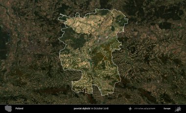 powiat debicki. Polonya 'nın idari alanı, Ekim 2018' de çekilen Kopernik Nöbetçi karolarından oluşan koyu renkli bir uydu görüntüsü üzerine vurgulandı ve özetlendi