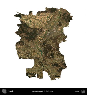 powiat debicki. Polonya idari bölgesi, Nisan 2020 'de çekilen Kopernik Nöbetçi karolarından oluşan bir uydu görüntüsü üzerinde beyaza izole edildi.