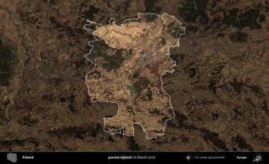 powiat debicki. Polonya 'nın idari alanı, Mart 2022' de çekilen Kopernik Nöbetçi karolarından oluşan koyu renkli bir uydu görüntüsü üzerine vurgulandı ve özetlendi.