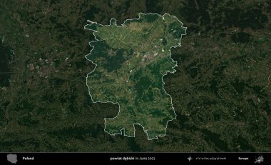 powiat debicki. Polonya 'nın idari alanı, Haziran 2022' de çekilen Kopernik Nöbetçi karolarından oluşan koyu renkli bir uydu görüntüsü üzerine vurgulandı ve özetlendi.