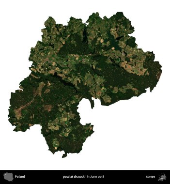 powiat drawski. Polonya idari bölgesi, Haziran 2018 'de çekilen Kopernik Nöbetçi karolarından oluşan bir uydu görüntüsü üzerinde beyaza izole edildi.