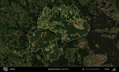 powiat drawski. Polonya 'nın idari alanı, Haziran 2018' de çekilen Kopernik Nöbetçi karolarından oluşan koyu renkli bir uydu görüntüsüyle vurgulandı ve özetlendi