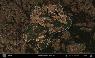powiat drawski. Polonya 'nın idari alanı, Mart 2022' de çekilen Kopernik Nöbetçi karolarından oluşan koyu renkli bir uydu görüntüsü üzerine vurgulandı ve özetlendi.