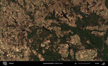 powiat drawski. Copernicus Sentinel 'in Mart 2022' de çekilmiş uydu görüntüsü üzerine Polonya 'nın idari bölgesi.