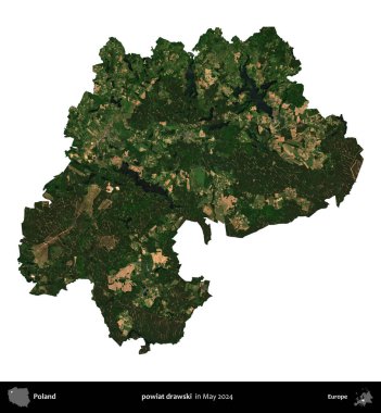 powiat drawski. Polonya 'nın idari bölgesi, Mayıs 2024' te çekilen Kopernik Nöbetçi Fayanslarından oluşan bir uydu görüntüsü üzerinde beyaza izole edildi.
