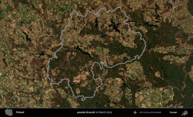 powiat drawski. Polonya 'nın idari bölgesinin ana hatları, Mart 2025' te çekilen Kopernik Nöbetçi karolarından oluşan bir uydu görüntüsü üzerine çizildi.