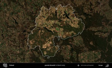 powiat drawski. Polonya 'nın idari alanı, Mart 2025' te çekilen Kopernik Nöbetçi karolarından oluşan koyu renkli bir uydu görüntüsü üzerine vurgulandı ve özetlendi