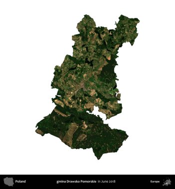 gmina Drawsko Pomorskie. Polonya idari bölgesi, Haziran 2018 'de çekilen Kopernik Nöbetçi karolarından oluşan bir uydu görüntüsü üzerinde beyaza izole edildi.