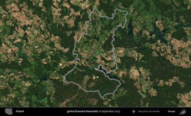 gmina Drawsko Pomorskie. Eylül 2023 'te çekilen Copernicus Sentinel karolarından oluşan bir uydu görüntüsü üzerine Polonya' nın idari bölgesinin ana hatlarını belirledik.