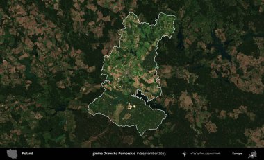 gmina Drawsko Pomorskie. Polonya 'nın idari alanı, Eylül 2023' te çekilen Kopernik Nöbetçi karolarından oluşan koyu renkli bir uydu görüntüsü üzerine vurgulandı ve özetlendi.