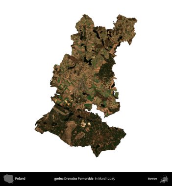 gmina Drawsko Pomorskie. Polonya idari bölgesi, Mart 2025 'te çekilen Kopernik Nöbetçi karolarından oluşan bir uydu görüntüsü üzerinde beyaza izole edildi.