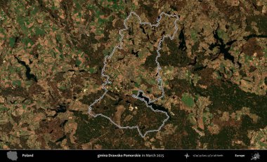 gmina Drawsko Pomorskie. Polonya 'nın idari bölgesinin ana hatları, Mart 2025' te çekilen Kopernik Nöbetçi karolarından oluşan bir uydu görüntüsü üzerine çizildi.