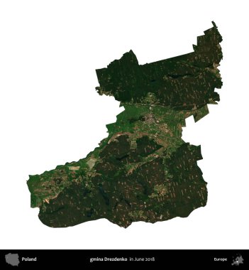 gmina Drezdenko. Polonya idari bölgesi, Haziran 2018 'de çekilen Kopernik Nöbetçi karolarından oluşan bir uydu görüntüsü üzerinde beyaza izole edildi.