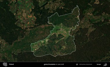 gmina Drezdenko. Polonya 'nın idari alanı, Haziran 2018' de çekilen Kopernik Nöbetçi karolarından oluşan koyu renkli bir uydu görüntüsüyle vurgulandı ve özetlendi
