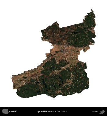 gmina Drezdenko. Polonya idari bölgesi, Mart 2022 'de çekilen Kopernik Nöbetçi karolarından oluşan bir uydu görüntüsü üzerinde beyaza izole edildi.