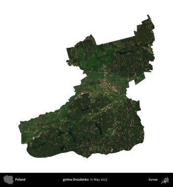 gmina Drezdenko. Polonya 'nın idari bölgesi, Mayıs 2023' te çekilen Kopernik Nöbetçi Fayanslarından oluşan bir uydu görüntüsüyle beyaza izole edildi.