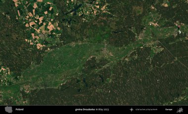 gmina Drezdenko. Copernicus Sentinel 'in Mayıs 2023' te çekilmiş uydu görüntüsü üzerine Polonya 'nın idari bölgesi.