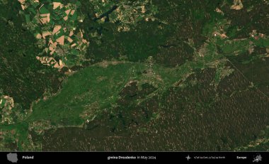 gmina Drezdenko. Mayıs 2024 'te Copernicus Sentinel karolarından oluşan uydu görüntüsü üzerine Polonya' nın idari bölgesi