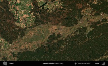 gmina Drezdenko. Copernicus Sentinel 'in Mart 2025' te çekilmiş uydu görüntüsü üzerine Polonya 'nın idari bölgesi