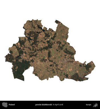 powiat dzialdowski. Polonya idari bölgesi, Nisan 2018 'de çekilen Kopernik Nöbetçi karolarından oluşan bir uydu görüntüsü üzerinde beyaza izole edildi.