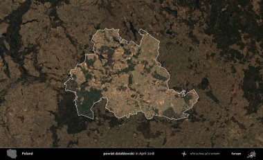 powiat dzialdowski. Polonya 'nın idari alanı, Nisan 2018' de çekilen Kopernik Nöbetçi karolarından oluşan koyu renkli bir uydu görüntüsü üzerine vurgulandı ve özetlendi