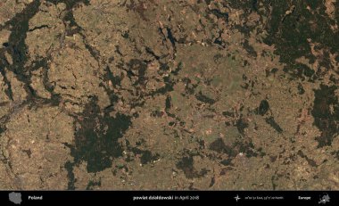 powiat dzialdowski. Nisan 2018 'de çekilen Kopernik Sentinel karolarından oluşan bir uydu görüntüsü üzerine Polonya' nın idari bölgesi