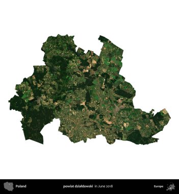 powiat dzialdowski. Polonya idari bölgesi, Haziran 2018 'de çekilen Kopernik Nöbetçi karolarından oluşan bir uydu görüntüsü üzerinde beyaza izole edildi.