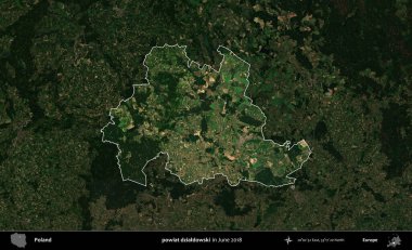 powiat dzialdowski. Polonya 'nın idari alanı, Haziran 2018' de çekilen Kopernik Nöbetçi karolarından oluşan koyu renkli bir uydu görüntüsüyle vurgulandı ve özetlendi