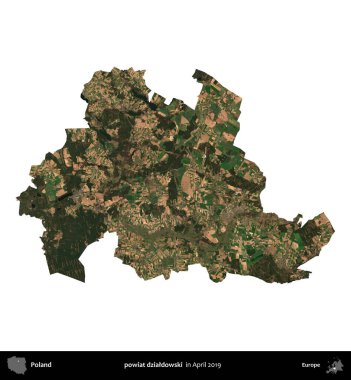 powiat dzialdowski. Polonya idari bölgesi, Nisan 2019 'da çekilen Kopernik Nöbetçi karolarından oluşan bir uydu görüntüsü üzerinde beyaza izole edildi.