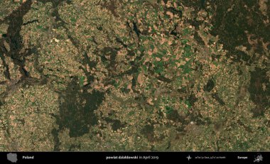 powiat dzialdowski. Nisan 2019 'da çekilen Kopernik Sentinel karolarından oluşan bir uydu görüntüsü üzerine Polonya' nın idari bölgesi