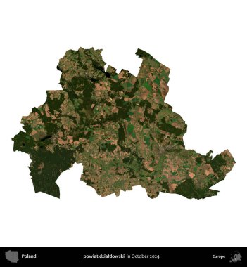 powiat dzialdowski. Polonya idari bölgesi, Ekim 2024 'te çekilen Kopernik Nöbetçi karolarından oluşan bir uydu görüntüsü üzerinde beyaza izole edildi.