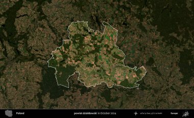 powiat dzialdowski. Polonya 'nın idari alanı, Ekim 2024' te çekilen Kopernik Nöbetçi karolarından oluşan koyu renkli bir uydu görüntüsü üzerine vurgulandı ve özetlendi