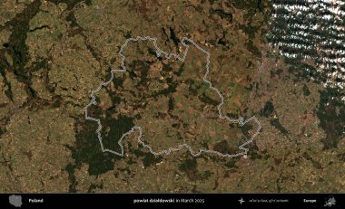 powiat dzialdowski. Polonya 'nın idari bölgesinin ana hatları, Mart 2025' te çekilen Kopernik Nöbetçi karolarından oluşan bir uydu görüntüsü üzerine çizildi.