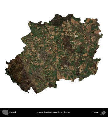 powiat dzierzoniowski. Polonya idari bölgesi, Nisan 2020 'de çekilen Kopernik Nöbetçi karolarından oluşan bir uydu görüntüsü üzerinde beyaza izole edildi.