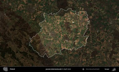 powiat dzierzoniowski. Polonya 'nın idari alanı, Nisan 2020' de çekilen Kopernik Nöbetçi karolarından oluşan koyu renkli bir uydu görüntüsü üzerine vurgulandı ve özetlendi