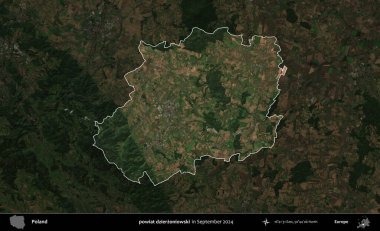 powiat dzierzoniowski. Polonya 'nın idari alanı, Eylül 2024' te çekilen Kopernik Nöbetçi karolarından oluşan koyu renkli bir uydu görüntüsü üzerine vurgulandı ve özetlendi