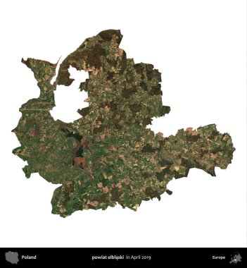 powiat elblaski. Polonya idari bölgesi, Nisan 2019 'da çekilen Kopernik Nöbetçi karolarından oluşan bir uydu görüntüsü üzerinde beyaza izole edildi.