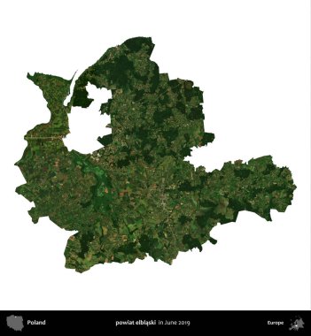 powiat elblaski. Polonya idari bölgesi, Haziran 2019 'da çekilen Kopernik Nöbetçi karolarından oluşan bir uydu görüntüsü üzerinde beyaza izole edildi.