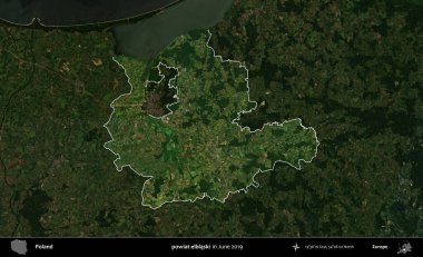 powiat elblaski. Polonya 'nın idari alanı, Haziran 2019' da çekilen Kopernik Nöbetçi karolarından oluşan koyu renkli bir uydu görüntüsü üzerine vurgulandı ve özetlendi.