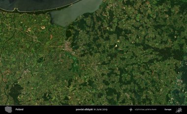 powiat elblaski. Copernicus Sentinel 'in Haziran 2019' da çekilmiş uydu görüntüsü üzerine Polonya 'nın idari bölgesi.