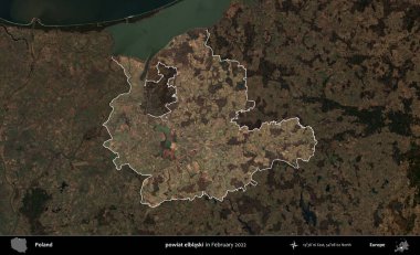 powiat elblaski. Polonya 'nın idari alanı, Şubat 2022' de çekilen Kopernik Nöbetçi karolarından oluşan koyu renkli bir uydu görüntüsü üzerine vurgulandı ve özetlendi.